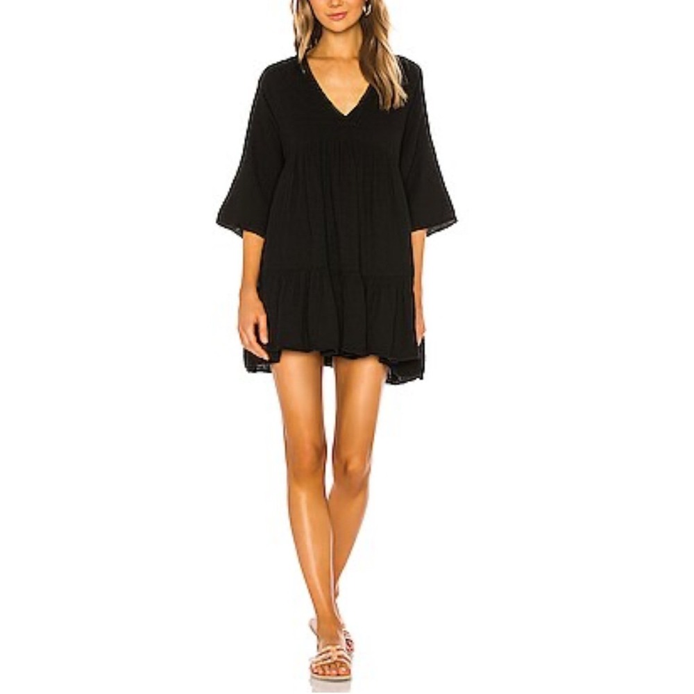 9seed Black Mini Dress‎ Cotton Gauze V Neck Casual Tunic Dress Size M/L